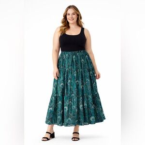 Joby Design Peacock Feather Print Tiered Maxi Skirt L-XL Boho Elastic Waist